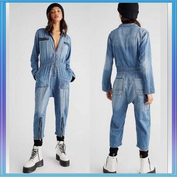 New sz L FREE PEOPLE x Sandrine Rose Striped Denim Zip Jumpsuit Slouchy … - Picture 1 of 5